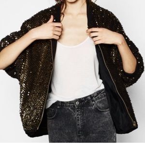 Sequin and faux fur bomber jacket